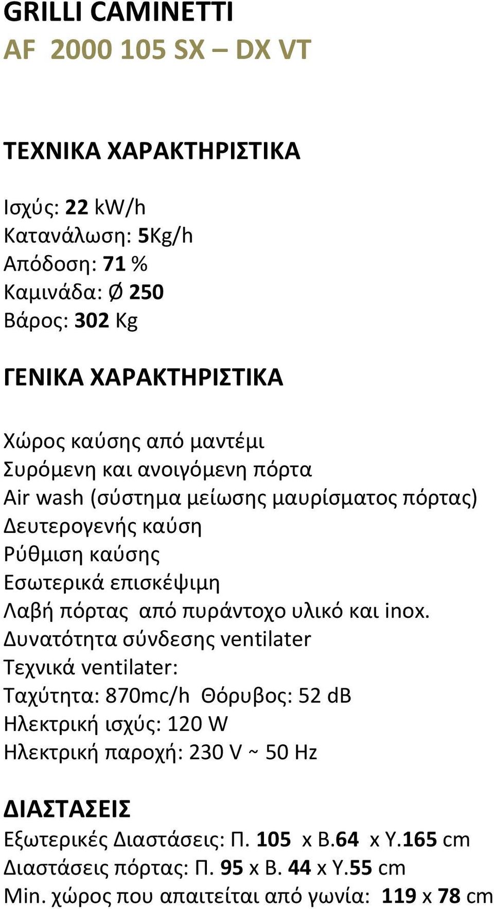 Διαςτάςεισ: Π. 105 x Β.64 x Τ.165 cm Διαςτάςεισ πόρτασ: Π.