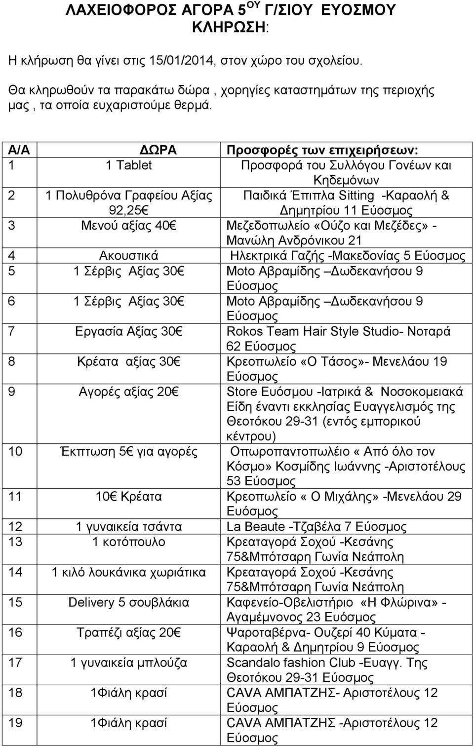 Α/Α ΔΩΡΑ Προσφορές των επιχειρήσεων: 1 1 Tablet Προσφορά του Συλλόγου Γονέων και Κηδεμόνων 2 1 Πολυθρόνα Γραφείου Αξίας 92,25 Παιδικά Έπιπλα Sitting -Καραολή & Δημητρίου 11 3 Μενού αξίας 40