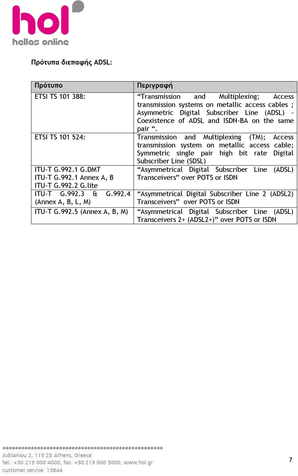 ETSI TS 101 524: Transmission and Multiplexing (TM); Access transmission system on metallic access cable; Symmetric single pair high bit rate Digital Subscriber Line (SDSL) ΙTU-T G.992.1 G.