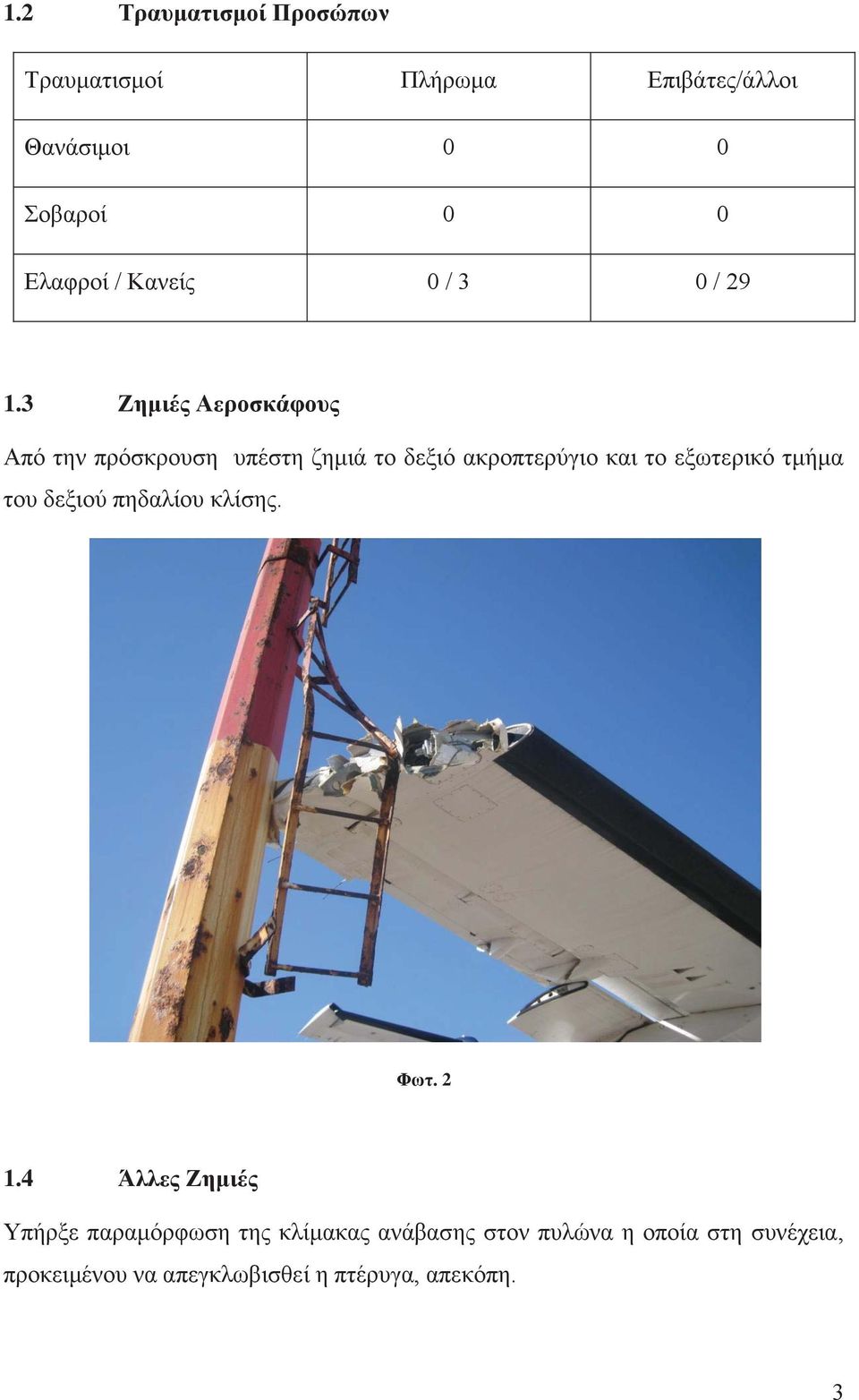 3 Ζημιές Αεροσκάφους Από την πρόσκρουση υπέστη ζημιά το δεξιό ακροπτερύγιο και το εξωτερικό τμήμα