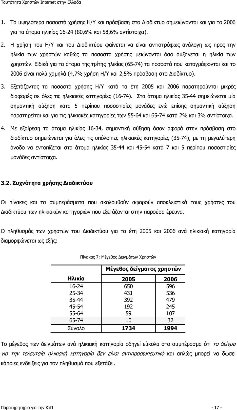 Η χρήση του Η/Υ και του Διαδικτύου φαίνεται να είναι αντιστρόφως ανάλογη ως προς την ηλικία των χρηστών καθώς τα ποσοστά χρήσης μειώνονται όσο αυξάνεται η ηλικία των χρηστών.