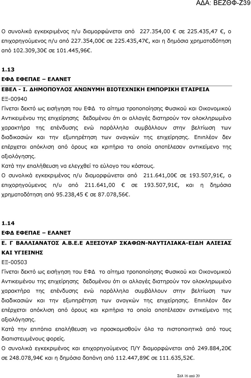 507,91, ο επιχορηγούμενος π/υ από 211.641,00 σε 193.507,91, και η δημόσια χρηματοδότηση από 95.238,45 σε 87.078,56. 1.14 Ε.