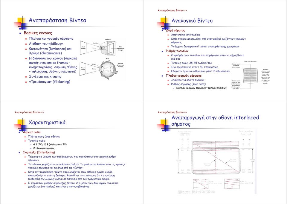 αποτελείται από έναν αριθµό οριζόντιων γραµµών σάρωσης Υπάρχουν διαφορετικοί τρόποι αναπαράστασης χρωµάτων Ρυθµός πλαισίων Ο αριθµός των πλαισίων που παράγονται από ένα σήµα βίντεο ανά sec Τυπικές