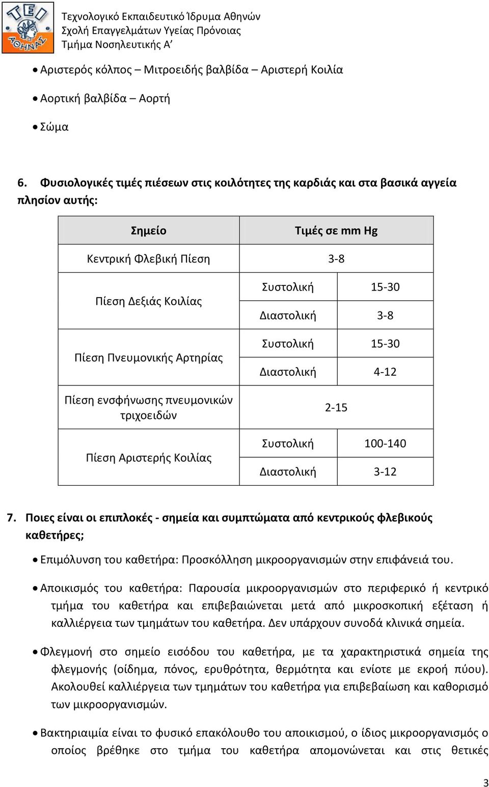 ενσφήνωσης πνευμονικών τριχοειδών Πίεση Αριστερής Κοιλίας Συστολική 15-30 Διαστολική 3-8 Συστολική 15-30 Διαστολική 4-12 2-15 Συστολική 100-140 Διαστολική 3-12 7.