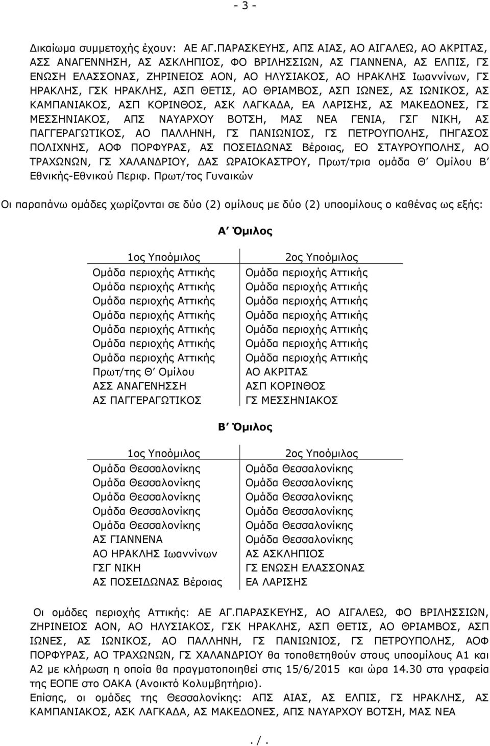 ΓΣΚ ΗΡΑΚΛΗΣ, ΑΣΠ ΘΕΤΙΣ, ΑΟ ΘΡΙΑΜΒΟΣ, ΑΣΠ ΙΩΝΕΣ, ΑΣ ΙΩΝΙΚΟΣ, ΑΣ ΚΑΜΠΑΝΙΑΚΟΣ, ΑΣΠ ΚΟΡΙΝΘΟΣ, ΑΣΚ ΛΑΓΚΑ Α, ΕΑ ΛΑΡΙΣΗΣ, ΑΣ ΜΑΚΕ ΟΝΕΣ, ΓΣ ΜΕΣΣΗΝΙΑΚΟΣ, ΑΠΣ ΝΑΥΑΡΧΟΥ ΒΟΤΣΗ, ΜΑΣ ΝΕΑ ΓΕΝΙΑ, ΓΣΓ ΝΙΚΗ, ΑΣ