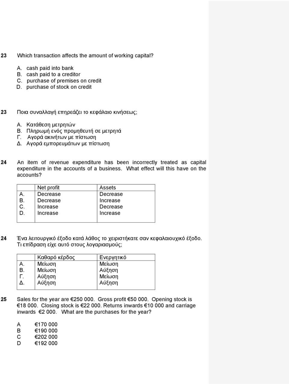 Αγορά εμπορευμάτων με πίστωση 24 An item of revenue expenditure has been incorrectly treated as capital expenditure in the accounts of a business. What effect will this have on the accounts? A. B. C.