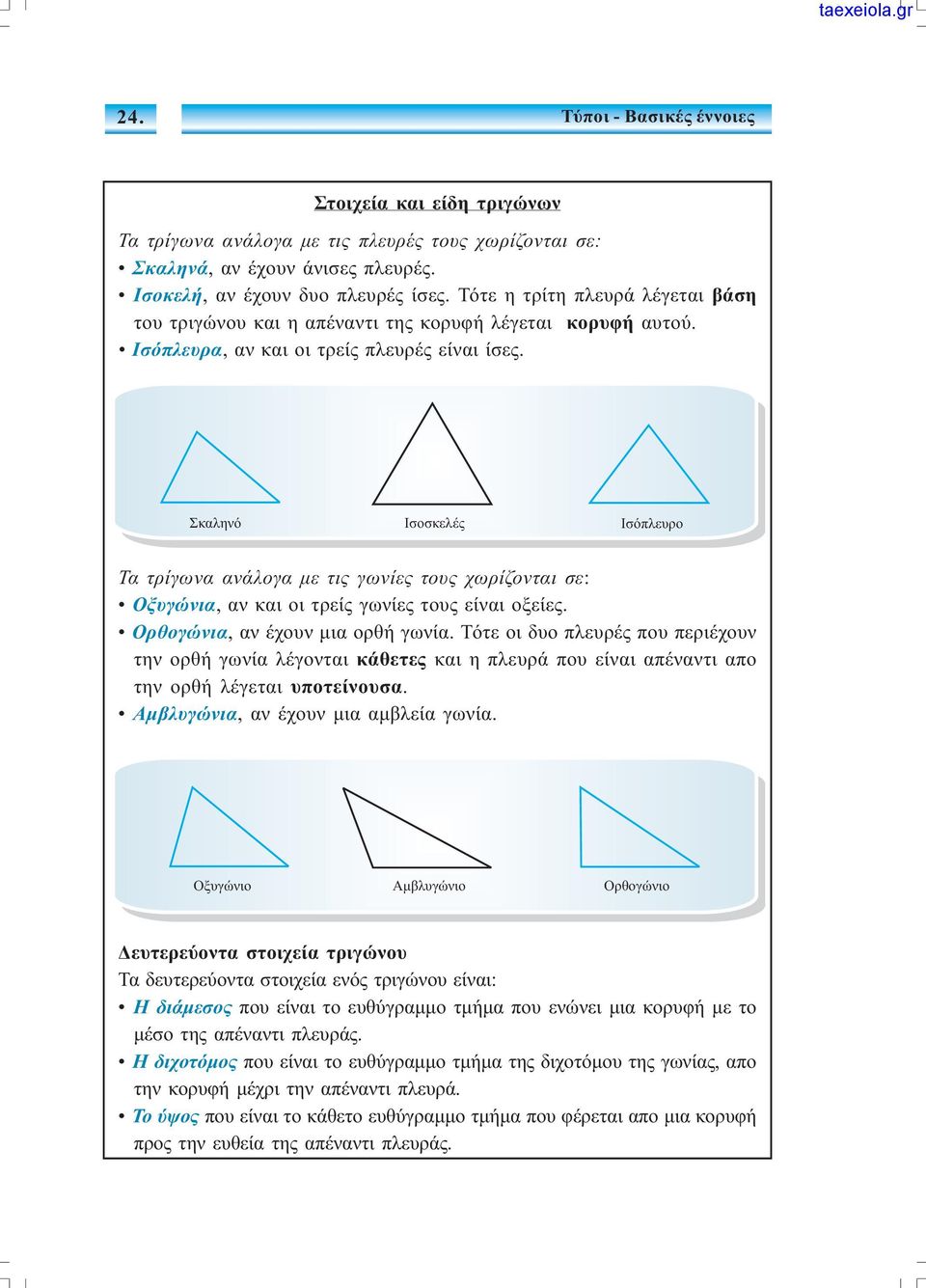 Óêáëçíü ÉóïóêåëÝò Éóüðëåõñï Τα τρίγωνα ανάλογα µε τις γωνίες τους χωρίζονται σε: Οξυγώνια, αν και οι τρείς γωνίες τους είναι οξείες. Ορθογώνια, αν έχουν µια ορθή γωνία.