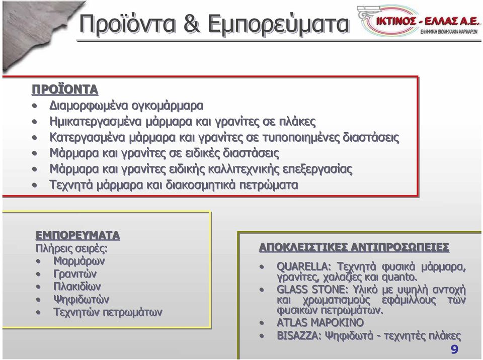 ΕΜΠΟΡΕΥΜΑΤΑ Πλήρεις σειρές: Μαρμάρων Γρανιτών Πλακιδίων Ψηφιδωτών Τεχνητών πετρωμάτων ΑΠΟΚΛΕΙΣΤΙΚΕΣ ΑΝΤΙΠΡΟΣΩΠΕΙΕΣ QUARELLA: Τεχνητά φυσικά μάρμαρα,