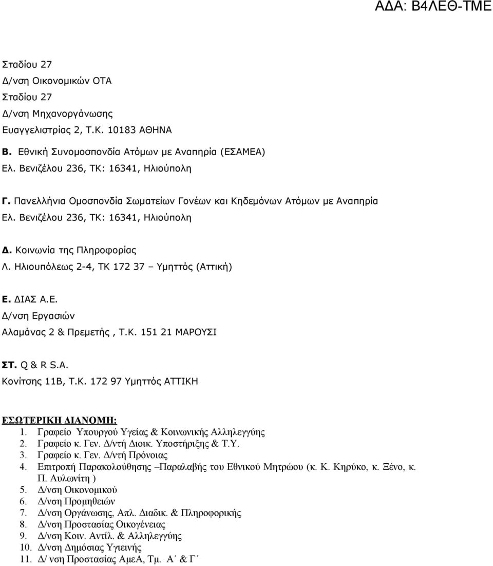 Κ. 151 21 ΜΑΡΟΥΣΙ ΣΤ. Q & R S.A. Κονίτσης 11Β, Τ.Κ. 172 97 Υμηττός ΑΤΤΙΚΗ ΕΣΩΤΕΡΙΚΗ ΔΙΑΝΟΜΗ: 1. Γραφείο Υπουργού Υγείας & Κοινωνικής Αλληλεγγύης 2. Γραφείο κ. Γεν. Δ/ντή Διοικ. Υποστήριξης & Τ.Υ. 3.