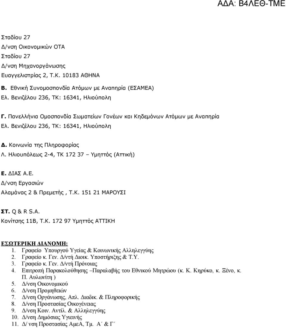 Κ. 151 21 ΜΑΡΟΥΣΙ ΣΤ. Q & R S.A. Κονίτσης 11Β, Τ.Κ. 172 97 Υμηττός ΑΤΤΙΚΗ ΕΣΩΤΕΡΙΚΗ ΔΙΑΝΟΜΗ: 1. Γραφείο Υπουργού Υγείας & Κοινωνικής Αλληλεγγύης 2. Γραφείο κ. Γεν. Δ/ντή Διοικ. Υποστήριξης & Τ.Υ. 3.