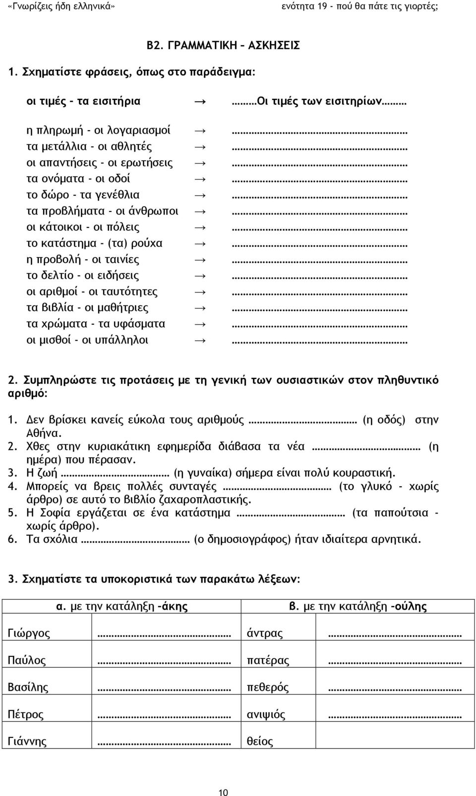 - τα γενέθλια τα προβλήματα - οι άνθρωποι οι κάτοικοι - οι πόλεις το κατάστημα - (τα) ρούχα η προβολή - οι ταινίες το δελτίο - οι ειδήσεις οι αριθμοί - οι ταυτότητες τα βιβλία - οι μαθήτριες τα