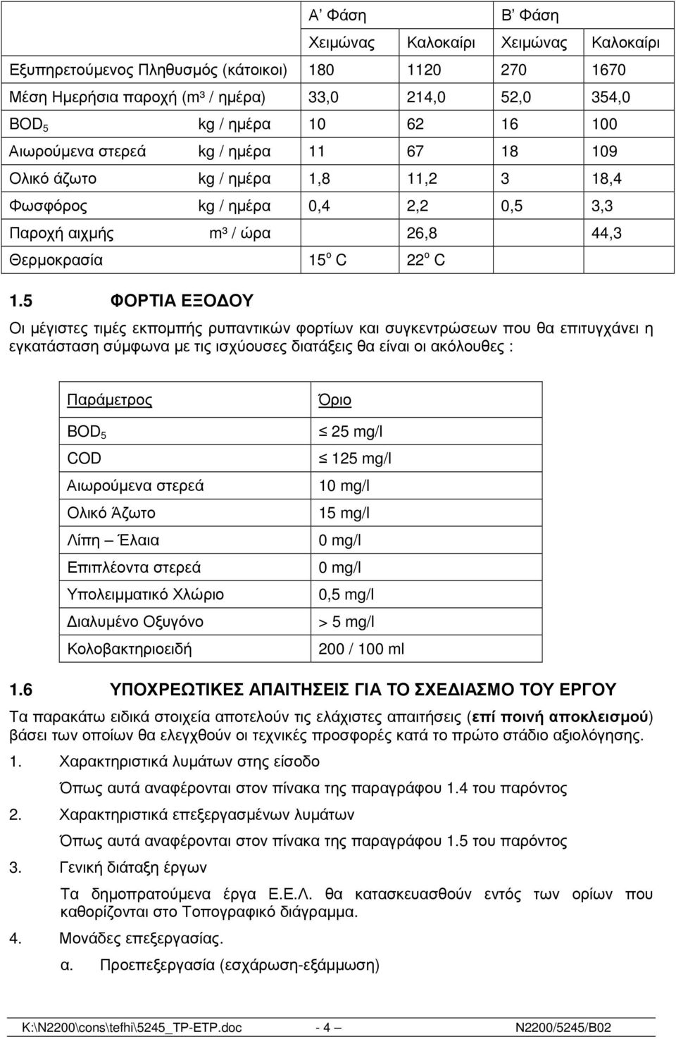 5 ΦΟΡΤΙΑ ΕΞΟ ΟΥ Οι µέγιστες τιµές εκποµπής ρυπαντικών φορτίων και συγκεντρώσεων που θα επιτυγχάνει η εγκατάσταση σύµφωνα µε τις ισχύουσες διατάξεις θα είναι οι ακόλουθες : Παράµετρος BOD 5 COD