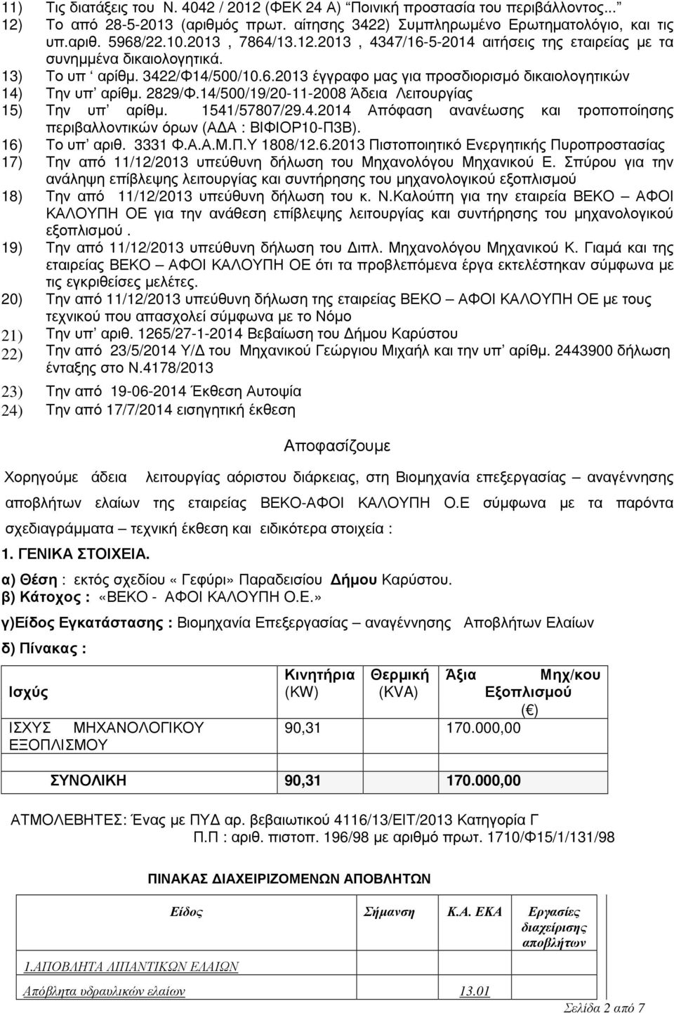 2829/Φ.14/500/19/20-11-2008 Άδεια Λειτουργίας 15) Την υπ αρίθµ. 1541/57807/29.4.2014 Απόφαση ανανέωσης και τροποποίησης περιβαλλοντικών όρων (Α Α : ΒΙΦΙΟΡ10-Π3Β). 16) Το υπ αριθ. 3331 Φ.Α.Α.Μ.Π.Υ 1808/12.