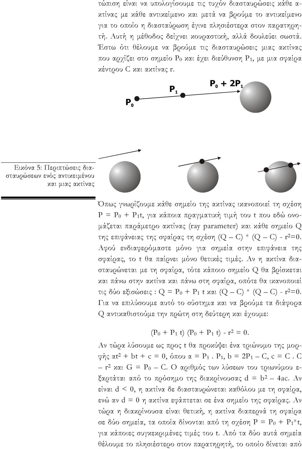 Έστω ότι θέλουμε να βρούμε τις διασταυρώσεις μιας ακτίνας που αρχίζει στο σημείο Ρ0 και έχει διεύθυνση Ρ1, με μια σφαίρα κέντρου C και ακτίνας r.