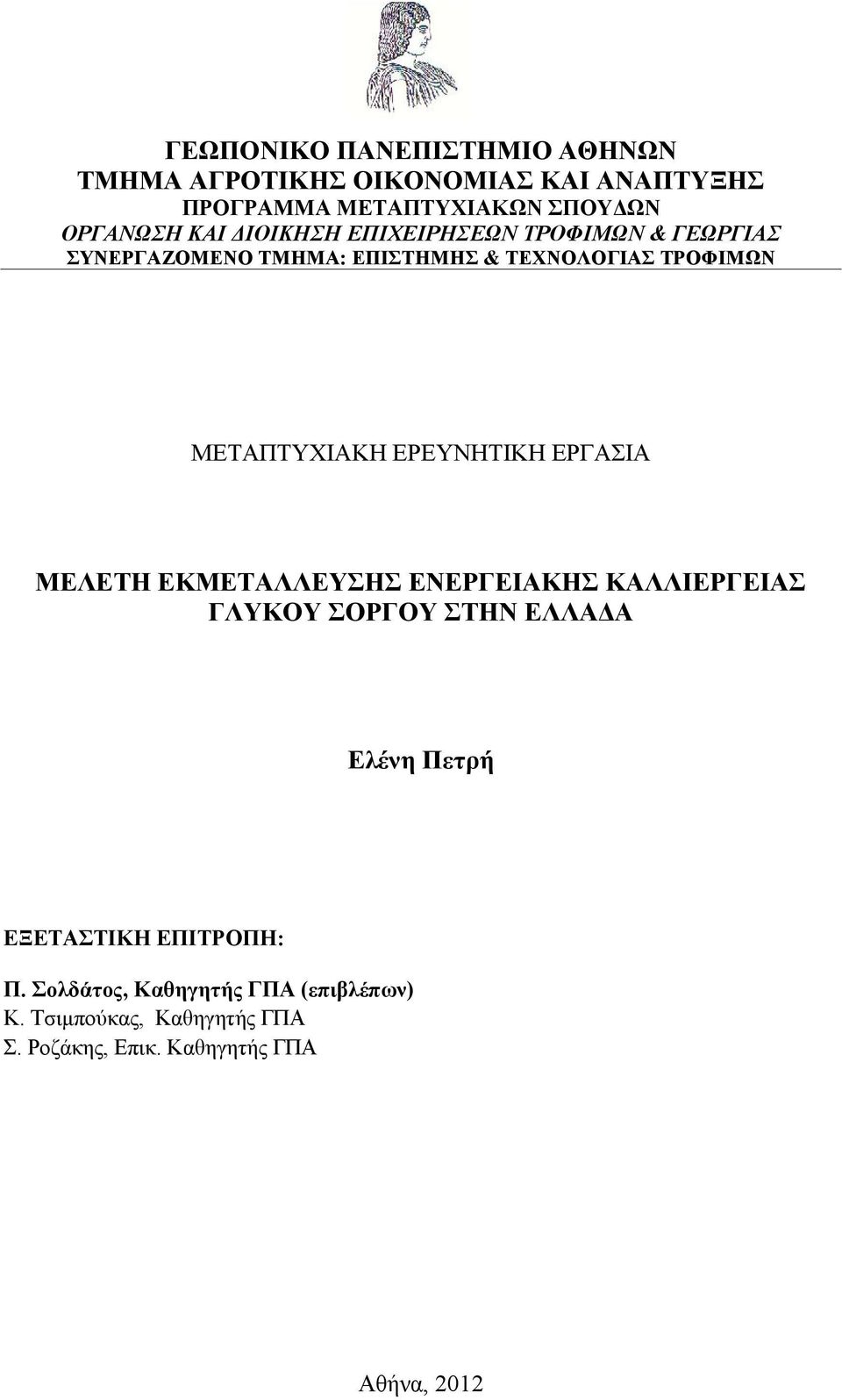 ΕΡΕΥΝΗΤΙΚΗ ΕΡΓΑΣΙΑ ΜΕΛΕΤΗ ΕΚΜΕΤΑΛΛΕΥΣΗΣ ΕΝΕΡΓΕΙΑΚΗΣ ΚΑΛΛΙΕΡΓΕΙΑΣ ΓΛΥΚΟΥ ΣΟΡΓΟΥ ΣΤΗΝ ΕΛΛΑΔΑ Ελένη Πετρή ΕΞΕΤΑΣΤΙΚΗ