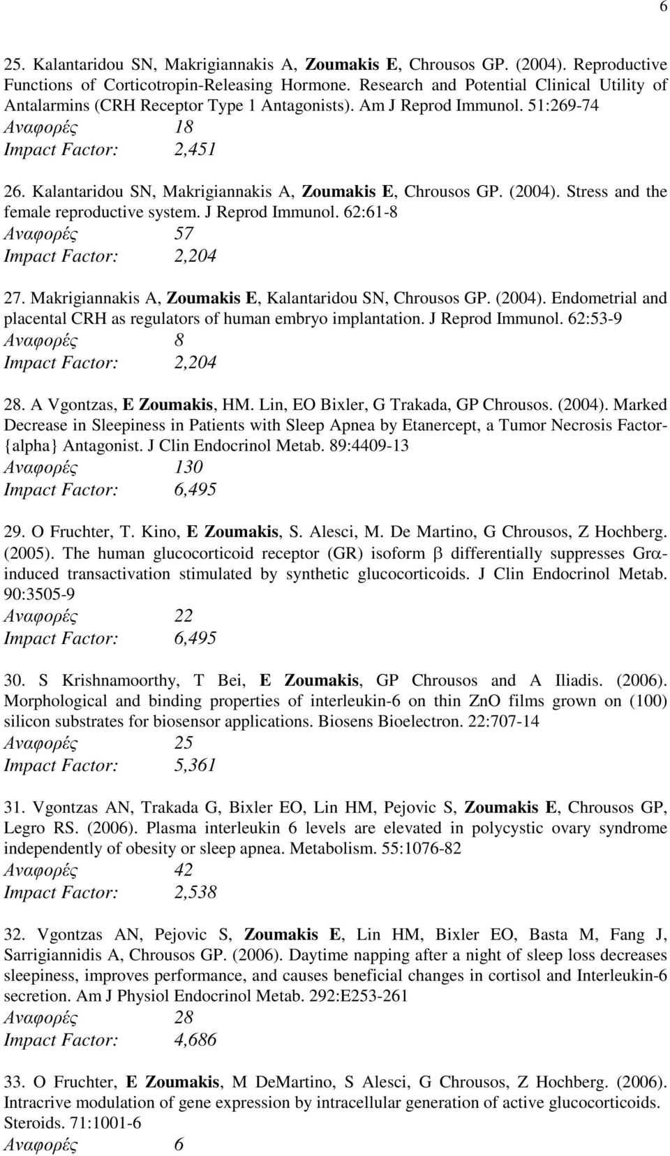 Kalantaridou SN, Makrigiannakis A, Zoumakis E, Chrousos GP. (2004). Stress and the female reproductive system. J Reprod Immunol. 62:61-8 Αναφορές 57 Impact Factor: 2,204 27.
