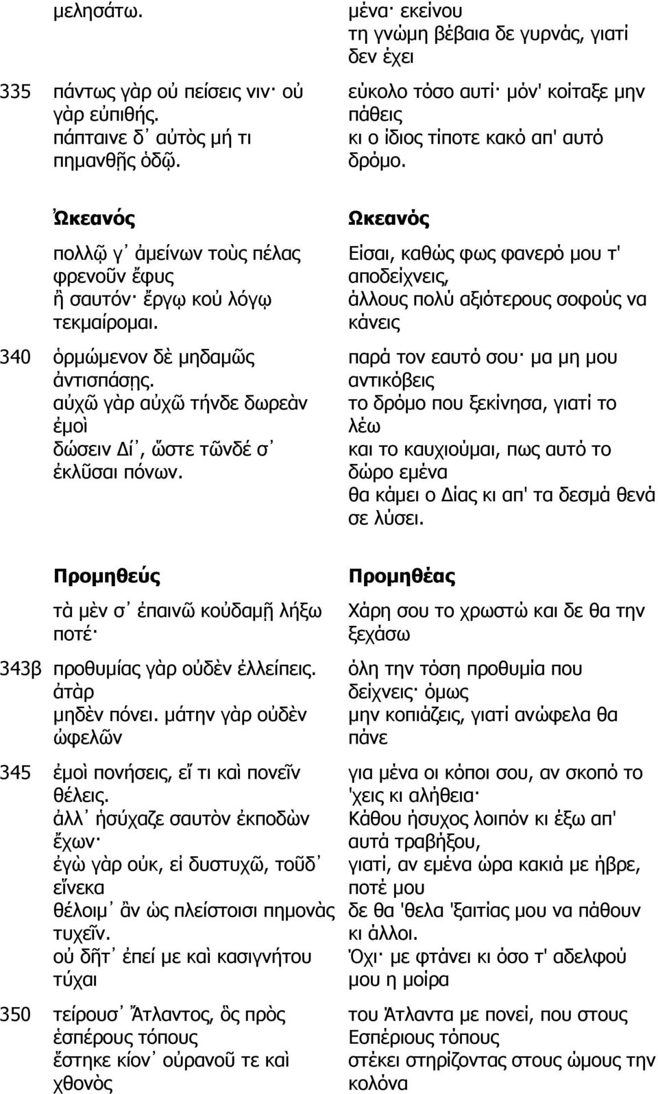 Ὠκεανός πολλῷ γ ἀµείνων τοὺς πέλας φρενοῦν ἔφυς ἢ σαυτόν ἔργῳ κοὐ λόγῳ τεκµαίροµαι. 340 ὁρµώµενον δὲ µηδαµῶς ἀντισπάσῃς. αὐχῶ γὰρ αὐχῶ τήνδε δωρεὰν ἐµοὶ δώσειν ί, ὥστε τῶνδέ σ ἐκλῦσαι πόνων.