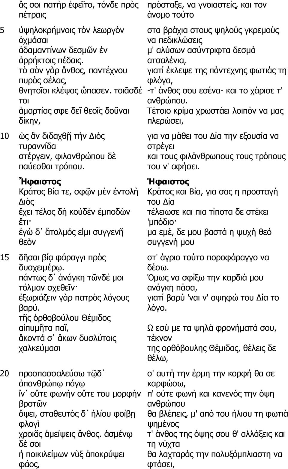 Ἥφαιστος Κράτος Βία τε, σφῷν µὲν ἐντολὴ ιὸς ἔχει τέλος δὴ κοὐδὲν ἐµποδὼν ἔτι ἐγὼ δ ἄτολµός εἰµι συγγενῆ θεὸν 15 δῆσαι βίᾳ φάραγγι πρὸς δυσχειµέρῳ.