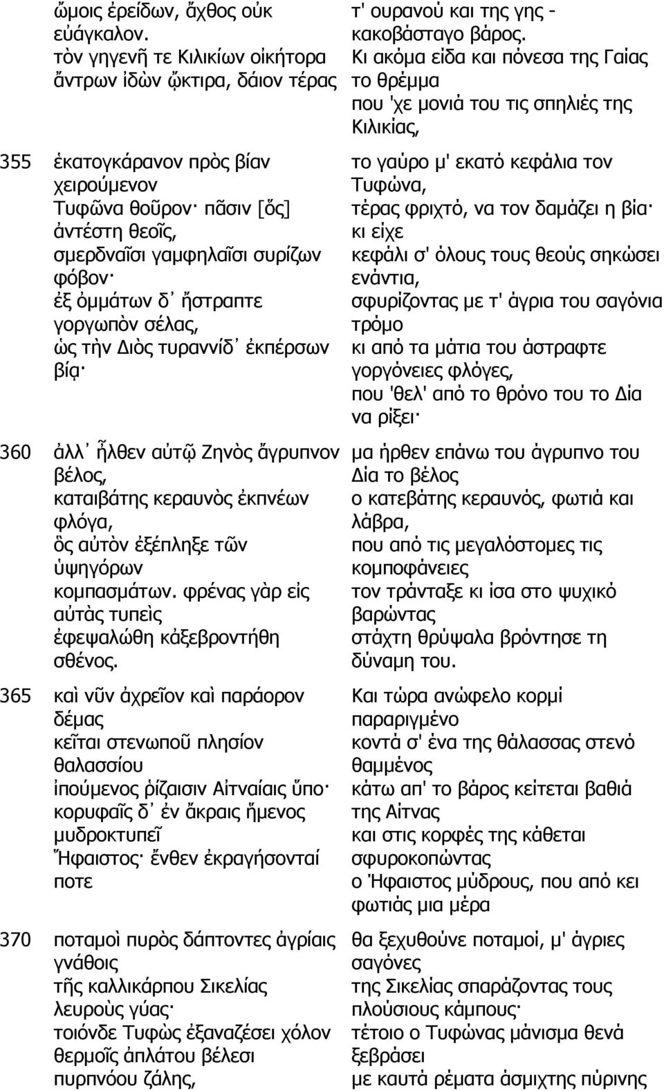 ἤστραπτε γοργωπὸν σέλας, ὡς τὴν ιὸς τυραννίδ ἐκπέρσων βίᾳ 360 ἀλλ ἦλθεν αὐτῷ Ζηνὸς ἄγρυπνον βέλος, καταιβάτης κεραυνὸς ἐκπνέων φλόγα, ὃς αὐτὸν ἐξέπληξε τῶν ὑψηγόρων κοµπασµάτων.