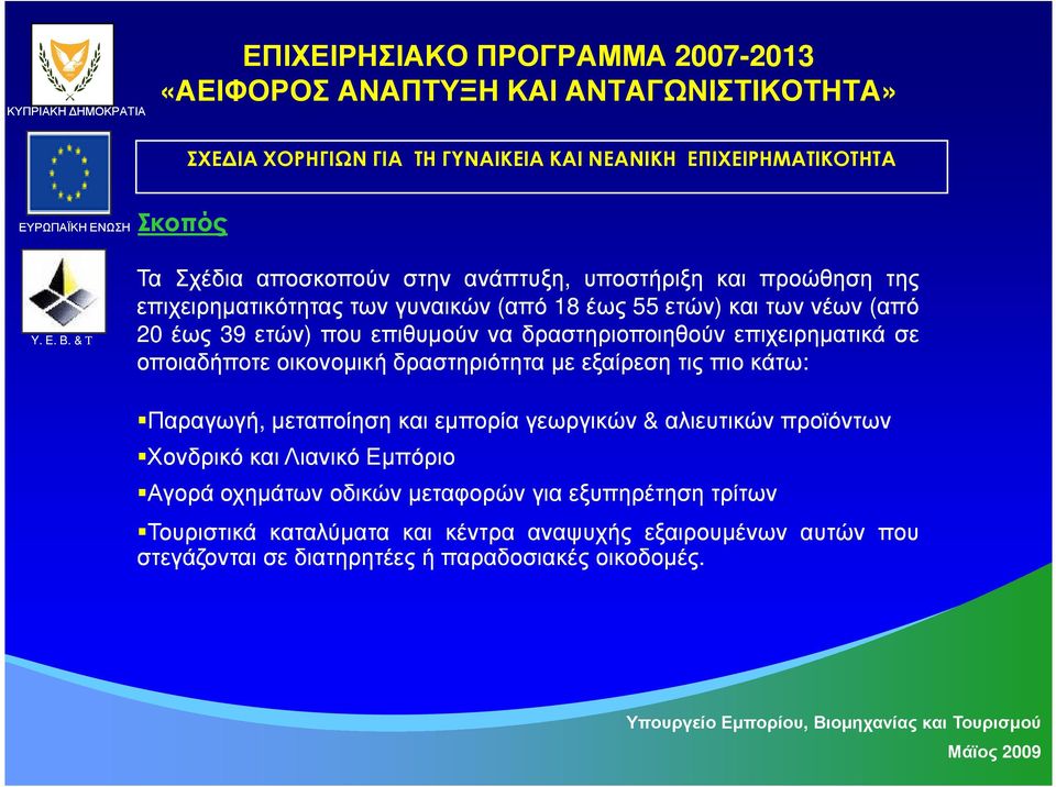 επιχειρηµατικά σε οποιαδήποτε οικονοµική δραστηριότητα µε εξαίρεση τις πιο κάτω: Παραγωγή, Παραγωγή,µεταποίηση και εµπορία γεωργικών &αλιευτικών προϊόντων Χονδρικό και
