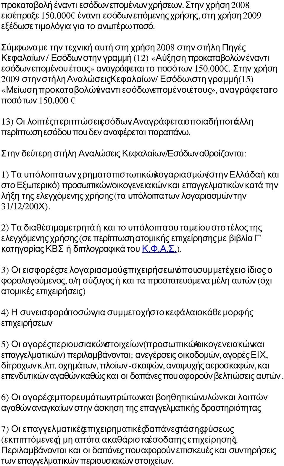 Στην χρήση 2009 στηνστήληαναλώσειςκεφαλαίων/ Εσόδωνστη γραμμή (15) «Μείωσηπροκαταβολώνέναντι εσόδωνεπομένουέτους», αναγράφεταιτο ποσότων 150.