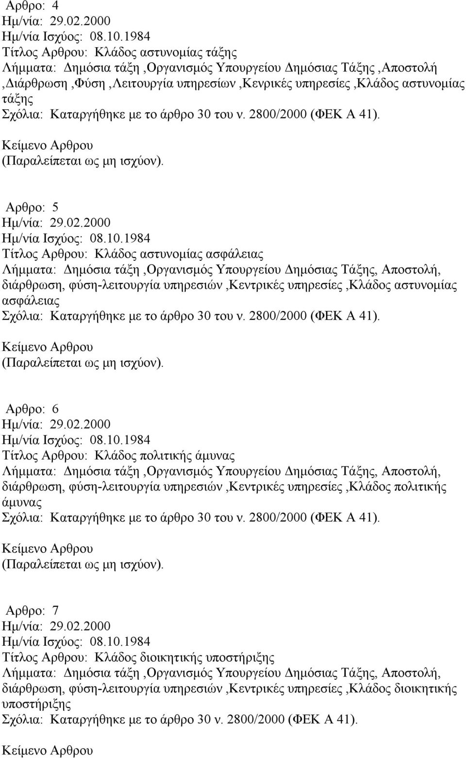 Καταργήθηκε με το άρθρο 30 του ν. 2800/2000 (ΦΕΚ Α 41). (Παραλείπεται ως μη ισχύον). Αρθρο: 5 Ημ/νία: 29.02.