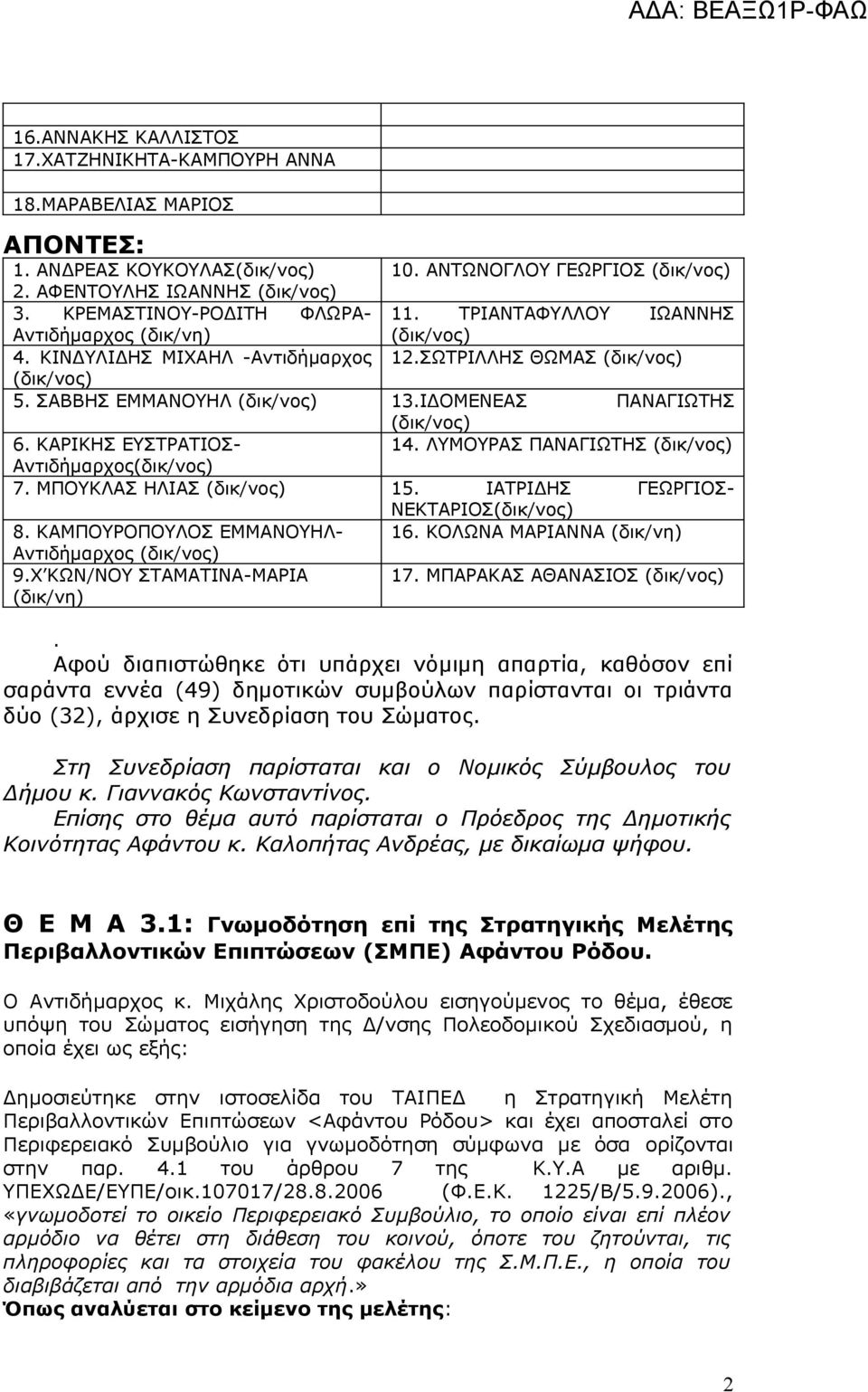 ΙΔΟΜΕΝΕΑΣ ΠΑΝΑΓΙΩΤΗΣ (δικ/νος) 6. ΚΑΡΙΚΗΣ ΕΥΣΤΡΑΤΙΟΣ- 14. ΛΥΜΟΥΡΑΣ ΠΑΝΑΓΙΩΤΗΣ (δικ/νος) Αντιδήμαρχος(δικ/νος) 7. ΜΠΟΥΚΛΑΣ ΗΛΙΑΣ (δικ/νος) 15. ΙΑΤΡΙΔΗΣ ΓΕΩΡΓΙΟΣ- ΝΕΚΤΑΡΙΟΣ(δικ/νος) 8.