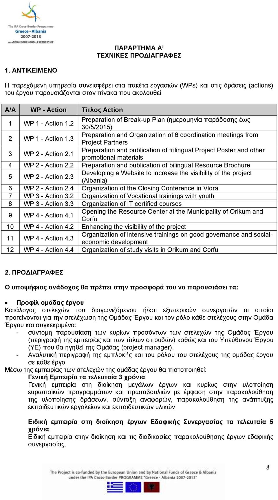 2 Preparation of Break-up Plan (ημερομηνία παράδοσης έως 30/5/2015) 2 WP 1 - Action 1.3 Preparation and Organization of 6 coordination meetings from Project Partners 3 WP 2 - Action 2.