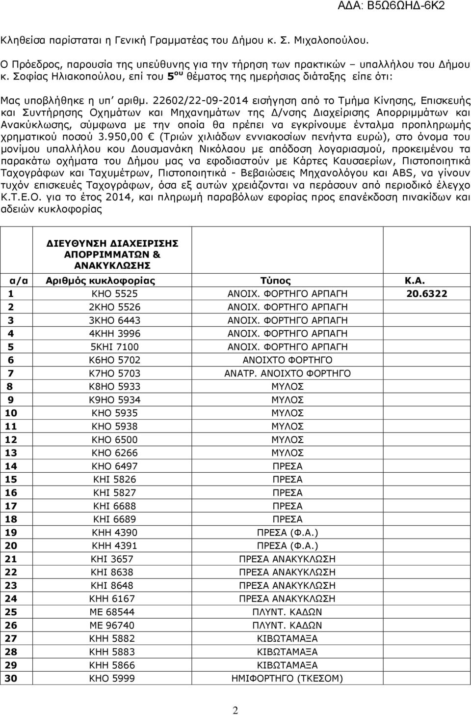 22602/22-09-2014 εισήγηση από το Τµήµα Κίνησης, Επισκευής και Συντήρησης Οχηµάτων και Μηχανηµάτων της /νσης ιαχείρισης Απορριµµάτων και Ανακύκλωσης, σύµφωνα µε την οποία θα πρέπει να εγκρίνουµε