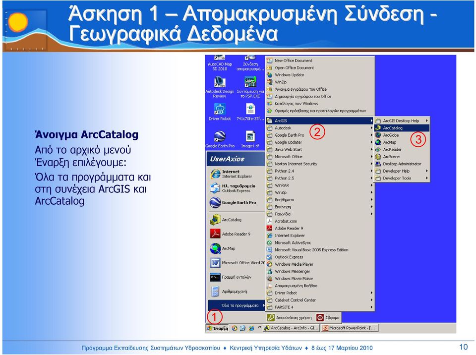 και στη συνέχεια ArcGIS και ArcCatalog 2 3 1 Πρόγραµµα Εκπαίδευσης