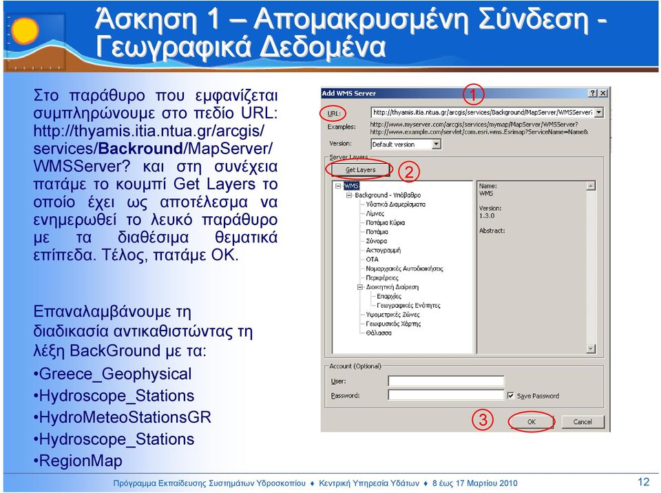 και στη συνέχεια πατάµε τοκουµπί Get Layers το οποίο έχει ως αποτέλεσµα να ενηµερωθεί το λευκό παράθυρο µε τα διαθέσιµα θεµατικά επίπεδα.