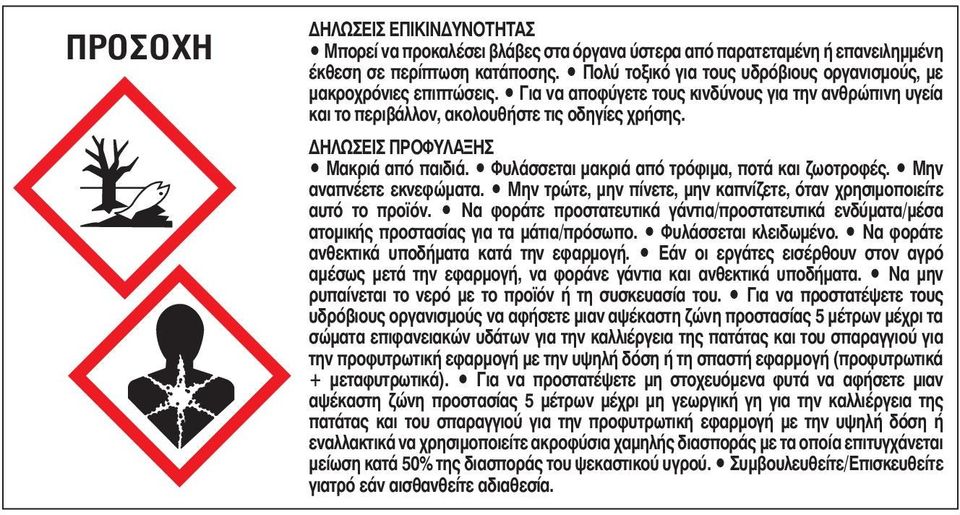 ΔΗΛΩΣΕΙΣ ΠΡΟΦΥΛΑΞΗΣ Μακριά από παιδιά. Φυλάσσεται μακριά από τρόφιμα, ποτά και ζωοτροφές. Μην αναπνέετε εκνεφώματα. Μην τρώτε, μην πίνετε, μην καπνίζετε, όταν χρησιμοποιείτε αυτό το προϊόν.