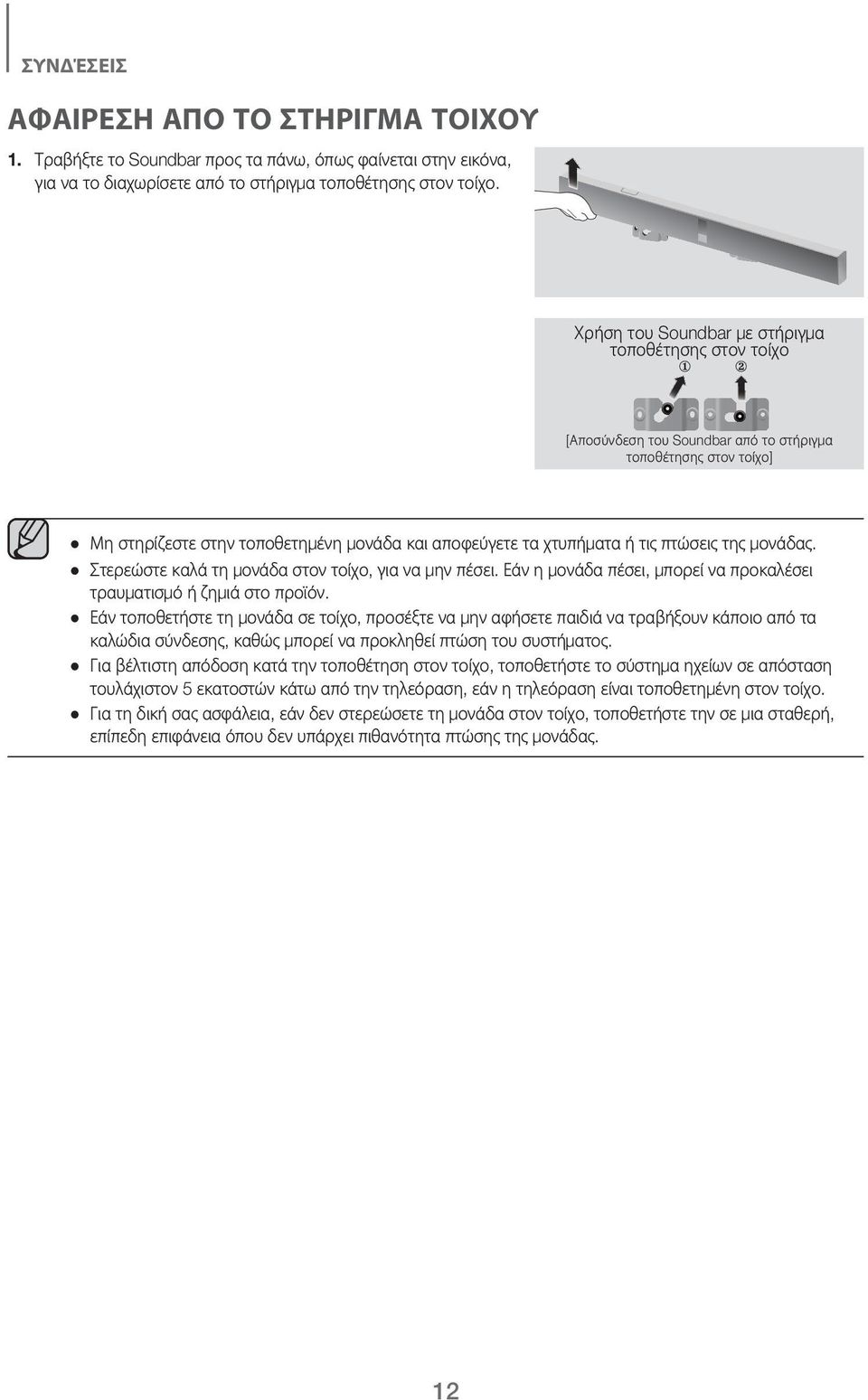 της μονάδας. Στερεώστε καλά τη μονάδα στον τοίχο, για να μην πέσει. Εάν η μονάδα πέσει, μπορεί να προκαλέσει τραυματισμό ή ζημιά στο προϊόν.