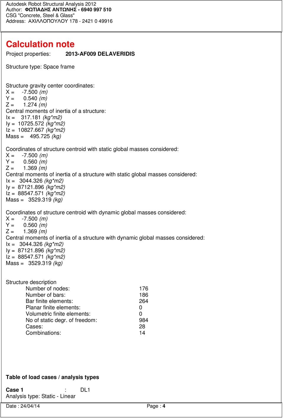 725 (kg) Coordinates of structure centroid with static global masses considered: X = -7.500 (m) Y = 0.560 (m) Z = 1.