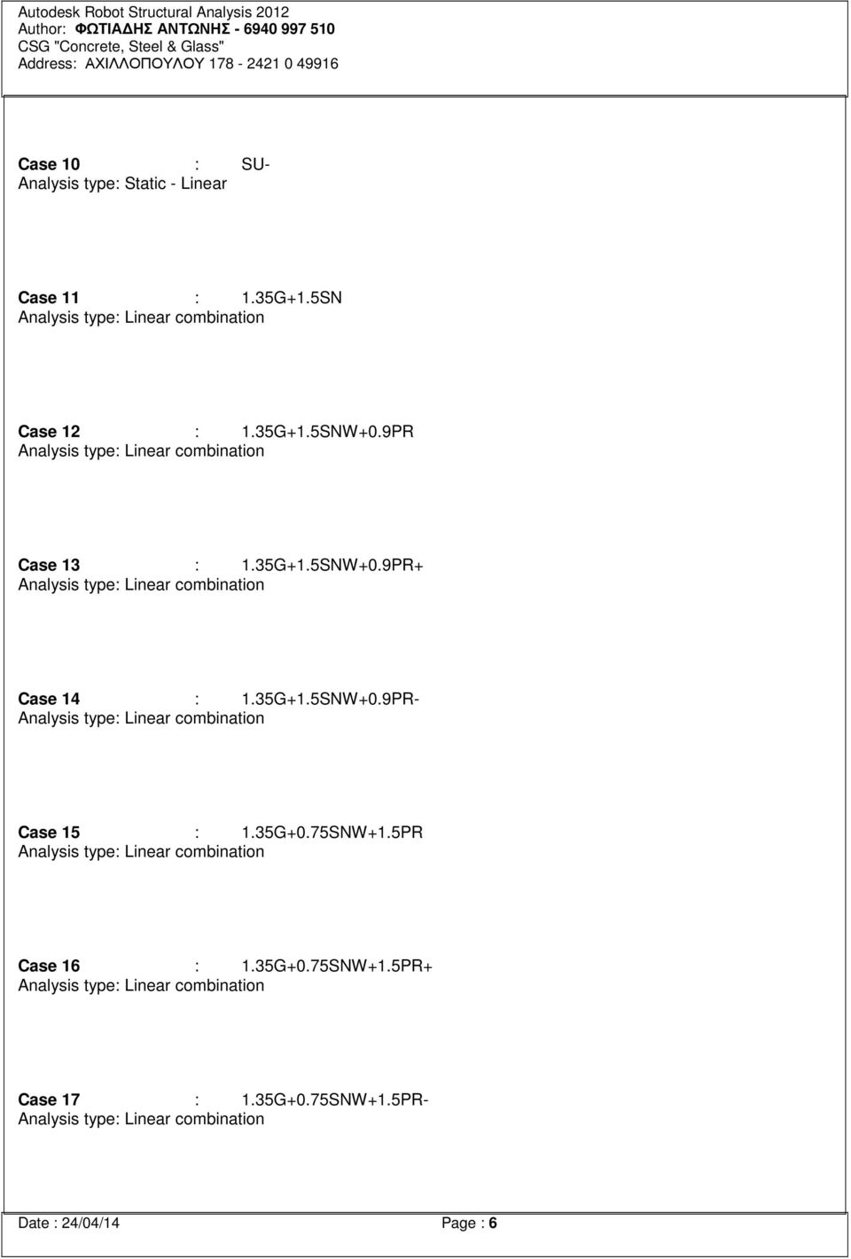 35G+0.75SNW+1.5PR Analysis type: Linear combination Case 16 : 1.35G+0.75SNW+1.5PR+ Analysis type: Linear combination Case 17 : 1.