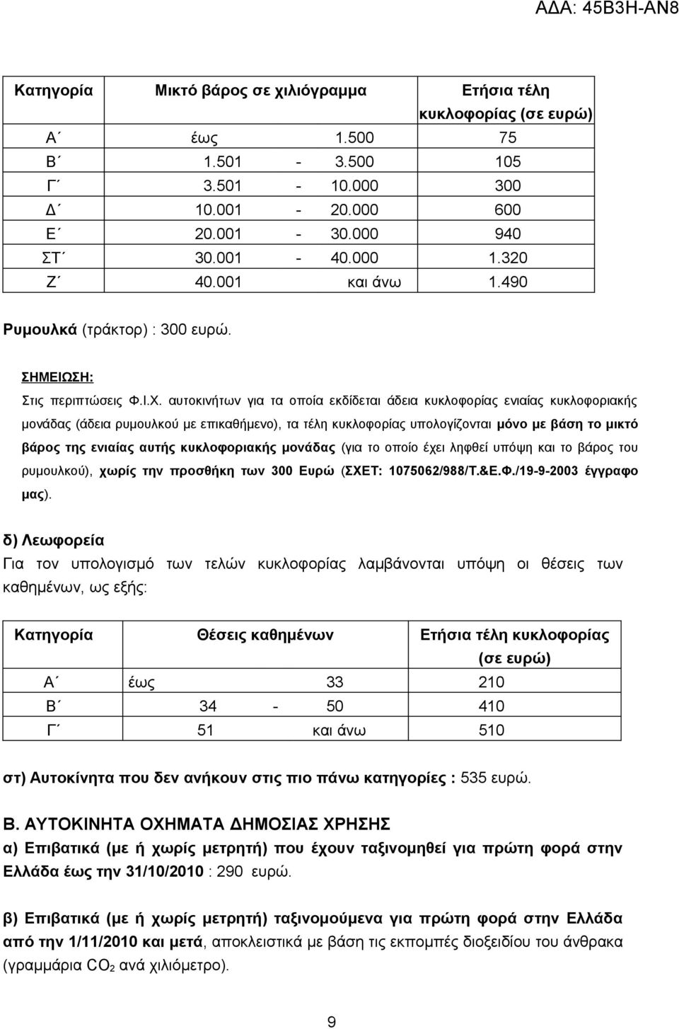 αυτοκινήτων για τα οποία εκδίδεται άδεια κυκλοφορίας ενιαίας κυκλοφοριακής μονάδας (άδεια ρυμουλκού με επικαθήμενο), τα τέλη κυκλοφορίας υπολογίζονται μόνο με βάση το μικτό βάρος της ενιαίας αυτής