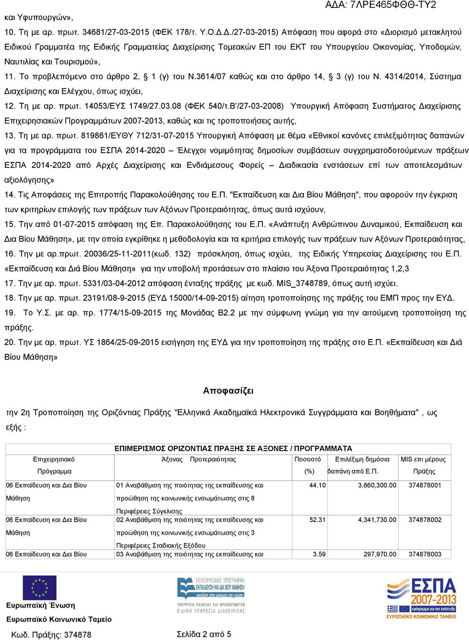 Το προβλεπόμενο στο άρθρο 2, 1 (γ) του Ν.3614/07 καθώς και στο άρθρο 14, 3 (γ) του Ν. 4314/2014, Σύστημα Διαχείρισης και Ελέγχου, όπως ισχύει, 12. Τη με αρ. πρωτ. 14053/ΕΥΣ 1749/27.03.08 (ΦΕΚ 540/τ.