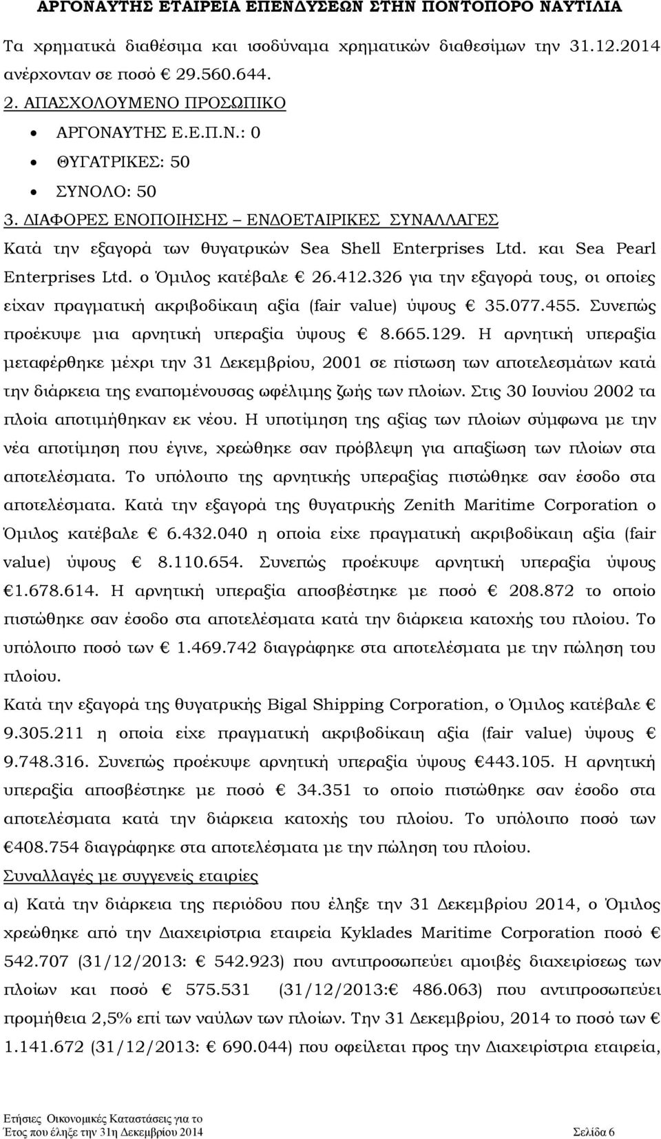 326 για την εξαγορά τους, οι οποίες είχαν πραγματική ακριβοδίκαιη αξία (fair value) ύψους 35.077.455. Συνεπώς προέκυψε μια αρνητική υπεραξία ύψους 8.665.129.
