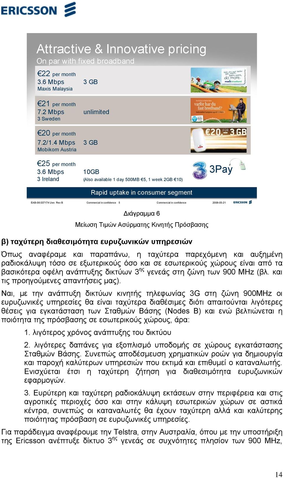6 Mbps 10GB 3 Ireland (Also available 1 day 500MB 5, 1 week 2GB 10) 3Pay Rapid uptake in consumer segment EAB-08:037174 Uen Rev B Commercial in confidence 5 Commercial in confidence 2008-05-21