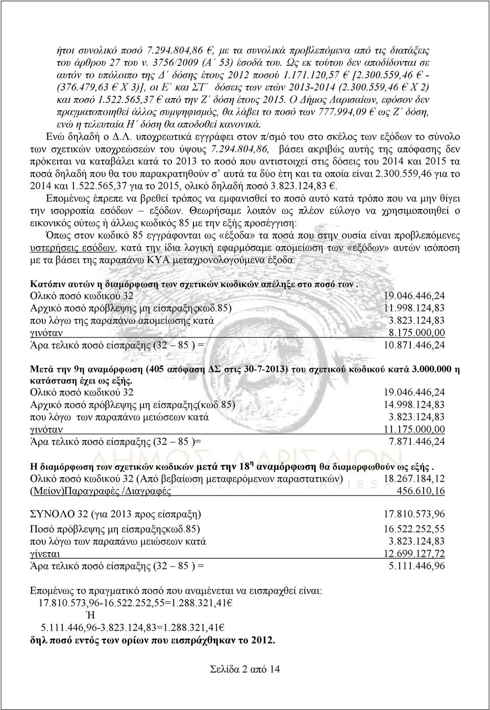 565,37 από την Ζ δόση έτους 2015. Ο Δήμος Λαρισαίων, εφόσον δεν πραγματοποιηθεί άλλος συμψηφισμός, θα λάβει το ποσό των 777.994,09 ως Ζ δόση, ενώ η τελευταία Η δόση θα αποδοθεί κανονικά.