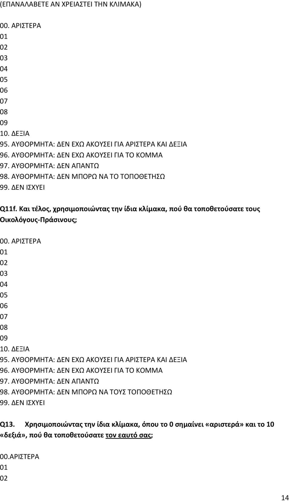 Και τέλος, χρησιμοποιώντας την ίδια κλίμακα, πού θα τοποθετούσατε τους Οικολόγους-Πράσινους; 00. ΑΡΙΣΤΕΡΑ 01 02 03 04 05 06 07 08 09 10. ΔΕΞΙΑ 95.