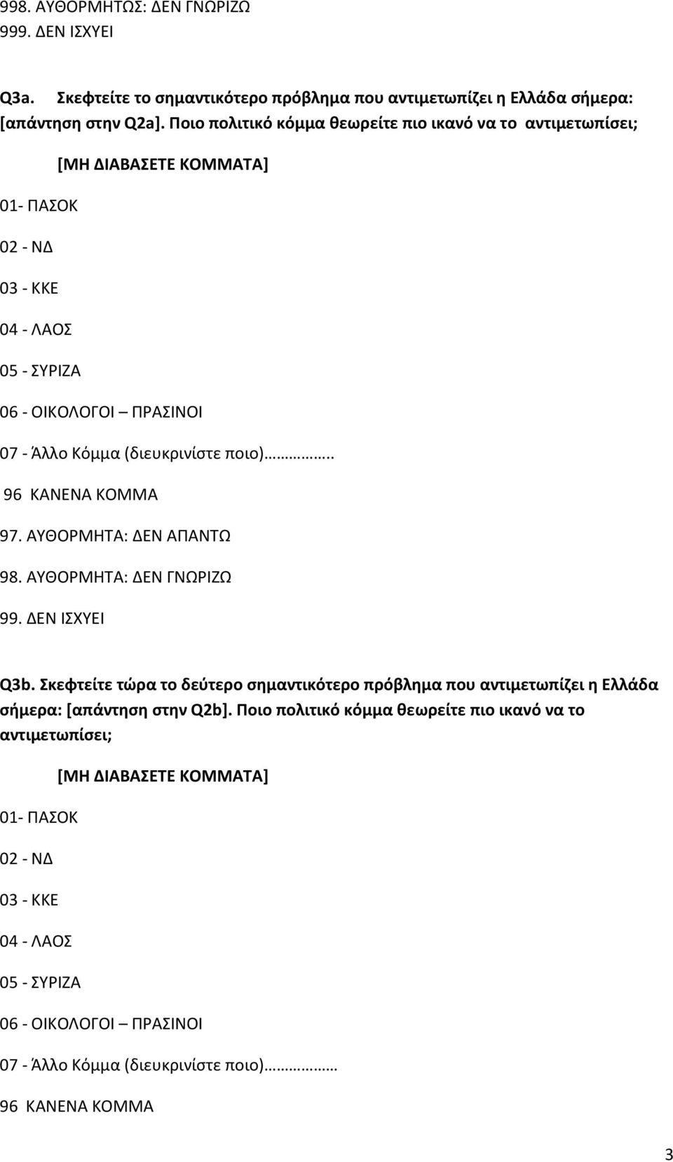 Άλλο Κόμμα (διευκρινίστε ποιo).. 96 ΚΑΝΕΝΑ ΚΟΜΜΑ 9 Q3b. Σκεφτείτε τώρα το δεύτερο σημαντικότερο πρόβλημα που αντιμετωπίζει η Ελλάδα σήμερα: [απάντηση στην Q2b].