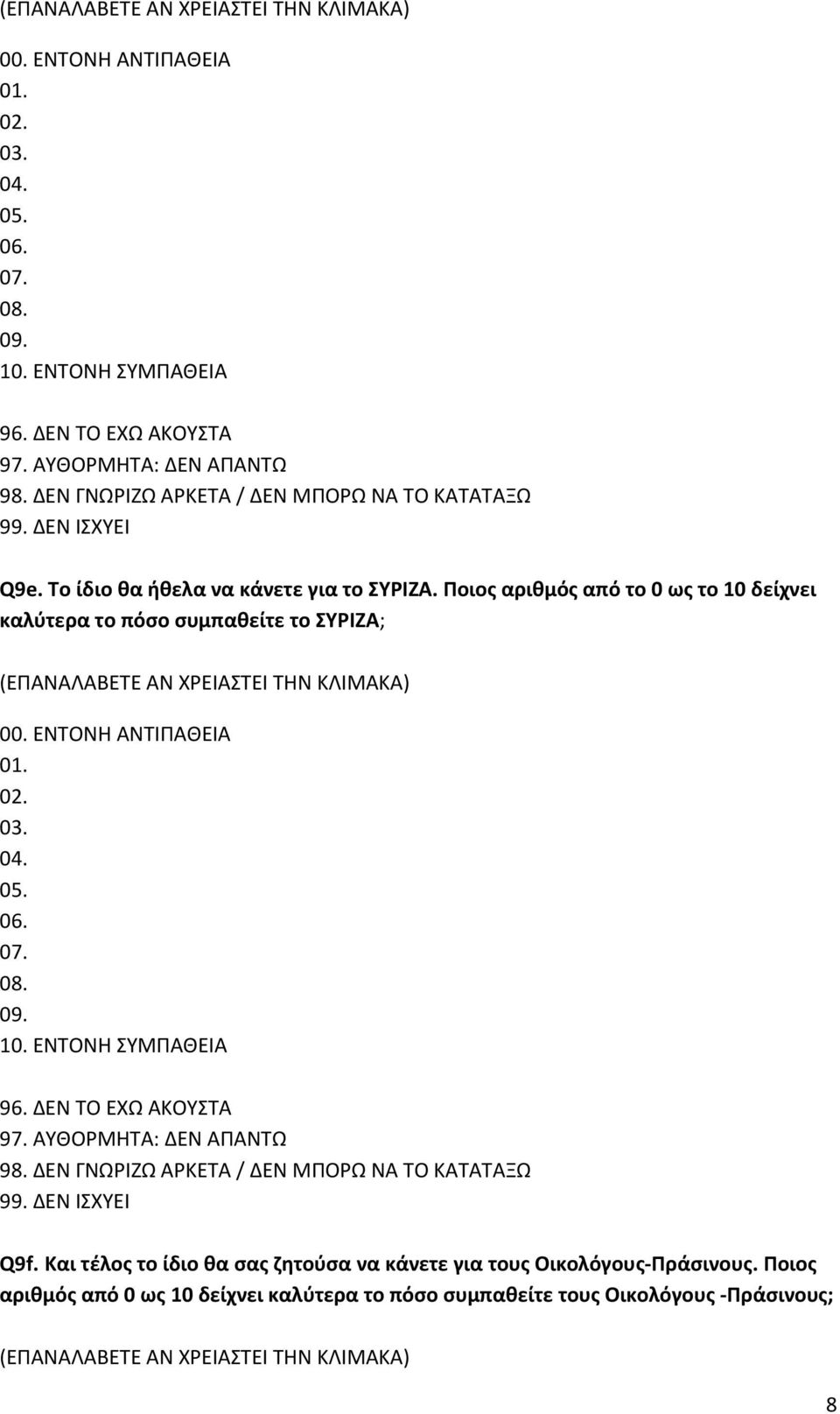 Ποιος αριθμός από το 0 ως το 10 δείχνει καλύτερα το πόσο συμπαθείτε το ΣΥΡΙΖΑ;  ΔΕΝ ΓΝΩΡΙΖΩ ΑΡΚΕΤΑ / ΔΕΝ ΜΠΟΡΩ ΝΑ ΤΟ ΚΑΤΑΤΑΞΩ Q9f.