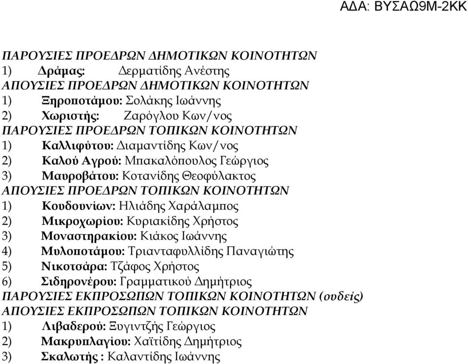 Ηλιάδης Χαράλαμπος 2) Μικροχωρίου: Κυριακίδης Χρήστος 3) Μοναστηρακίου: Κιάκος Ιωάννης 4) Μυλοποτάμου: Τριανταφυλλίδης Παναγιώτης 5) ικοτσάρα: Τζάφος Χρήστος 6) ιδηρονέρου: