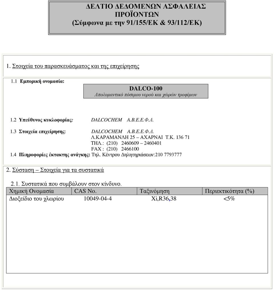 B.E.E.Φ.Α. Λ.ΚΑΡΑΜΑΝΛΗ 25 ΑΧΑΡΝΑΙ Τ.Κ. 136 71 ΤΗΛ.: (210) 2460609 2460401 FAX : (210) 2466100 1.4 Πληροφορίες έκτακτης ανάγκης: Τηλ.