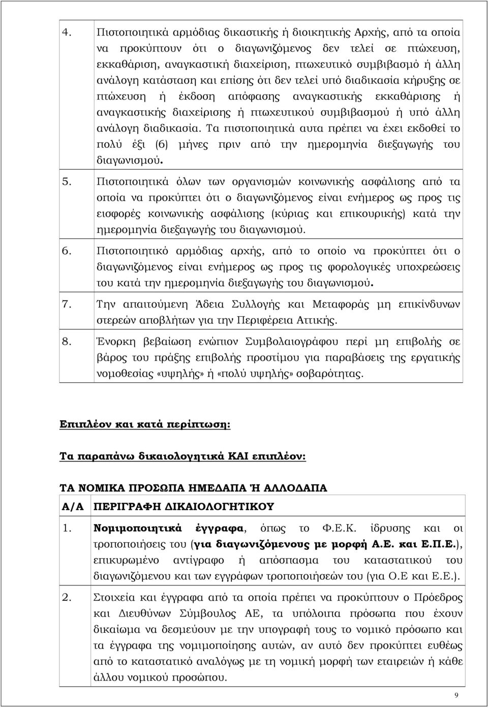 διαδικασία. Τα πιστοποιητικά αυτα πρέπει να έχει εκδοθεί το πολύ έξι (6) μήνες πριν από την ημερομηνία διεξαγωγής του διαγωνισμού. 5.