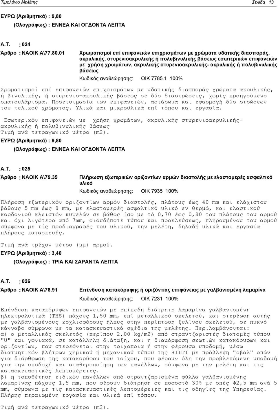 01 Χρωματισμοί επί επιφανειών επιχρισμάτων με χρώματα υδατικής διασποράς, ακρυλικής, στυρενιοακρυλικής ή πολυβινυλικής βάσεως εσωτερικών επιφανειών με χρήση χρωμάτων, ακρυλικής στυρενιοακρυλικής-