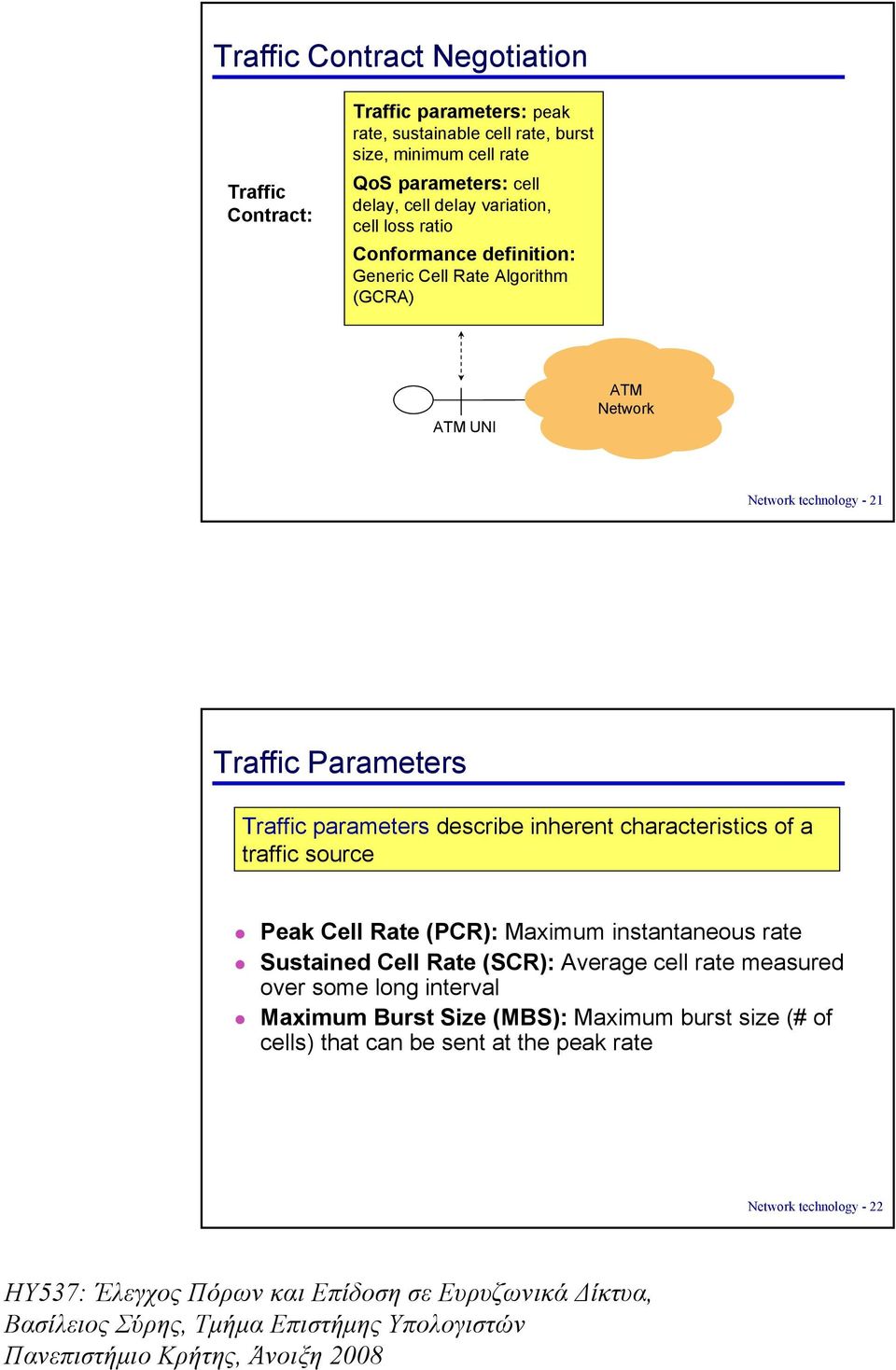 Parameters Traffic parameters describe inherent characteristics of a traffic source Peak Cell Rate (PCR): Maximum instantaneous rate Sustained Cell Rate