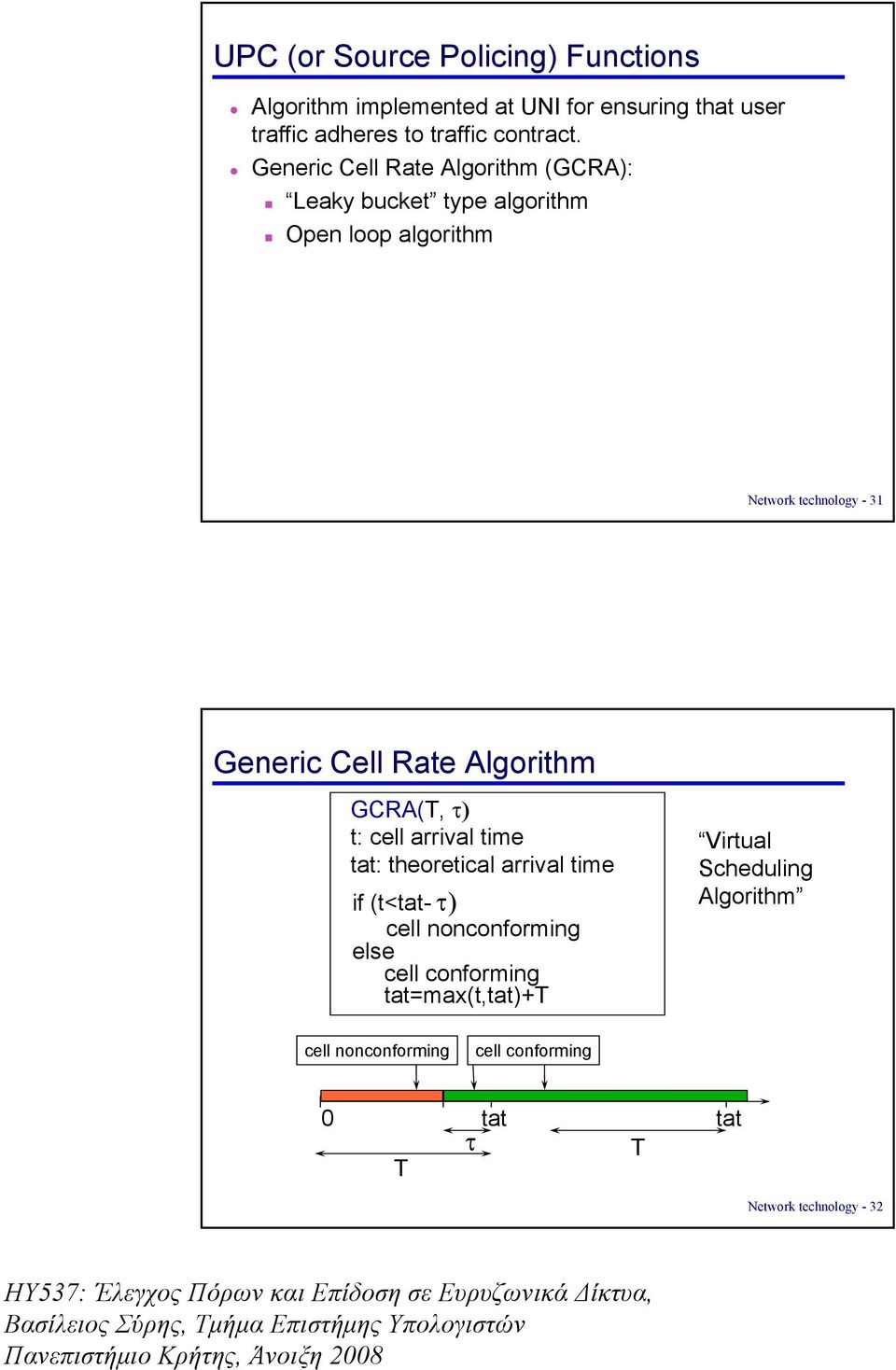 Rate Algorithm GCRA(T, τ) t: cell arrival time tat: theoretical arrival time if (t<tat- τ) cell nonconforming else cell
