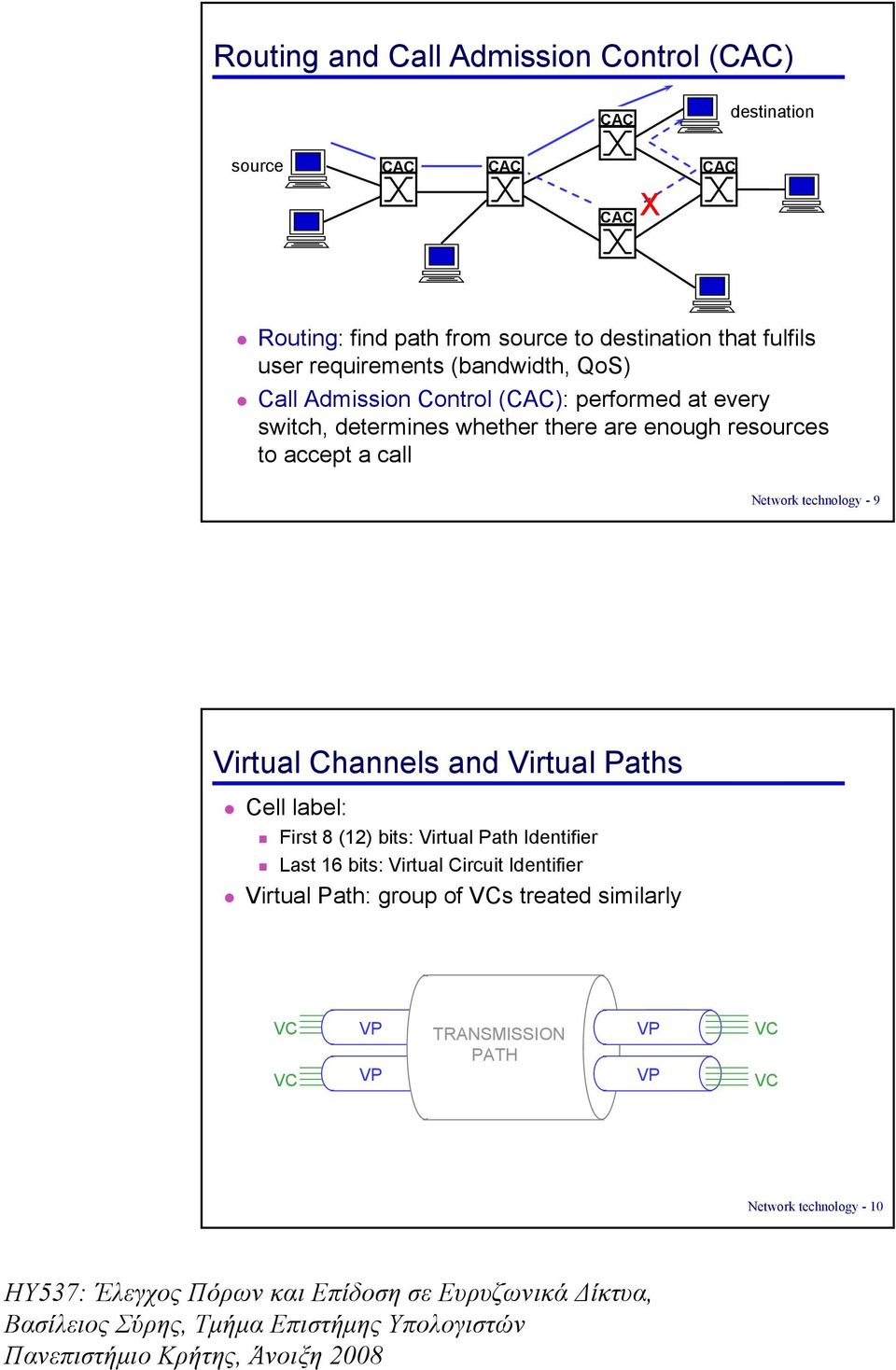 resources to accept a call Network technology - 9 Virtual Channels and Virtual Paths Cell label: First 8 (12) bits: Virtual Path Identifier